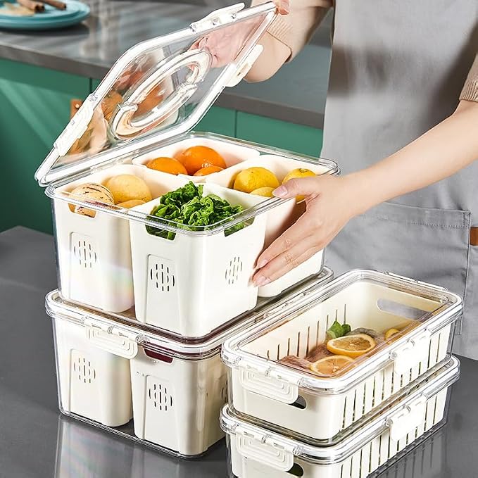 Fruit Storage Containers for Fridge with Lid and Handle, Veggie Tray Bins | Portable Fresh Produce Saver, Food Storage Container with 4 Removable Strainers,Salad Bar for Berry, Vegetable, Refrigerator - Image 5
