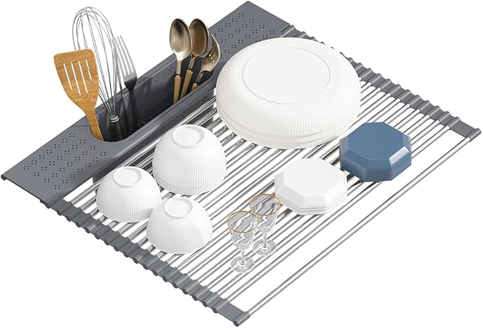 Roll Up Dish Drying Rack Over Sink, 17.5" x 15.2" Foldable SUS304 Stainless Steel Kitchen Dish Drainer, Heat-Resistant Multipurpose Rolling Sink Rack Organizer,Grey by KEGFRES