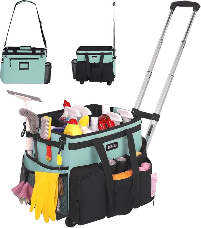 JKAOO Large Rolling Cleaning Caddy Bag with Detachable Trolley, Blue-Green | Waterproof Cleaning Caddy with Wheels, 40L Wheeled Organizer Cart for Supplies, Housekeepers, Home, Office, Car, Picnic by JKAOO