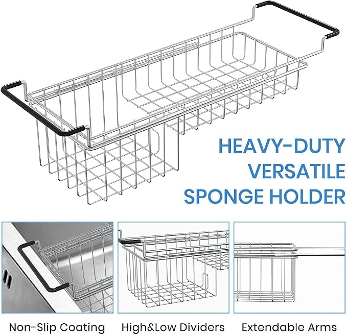 TreeLen Over The Kitchen Sink Caddy Sponge Holder Organizer Drying Rack Expandable for Sponge Brush Soap 13.8" to 20.8", Stainless Steel - Image 2
