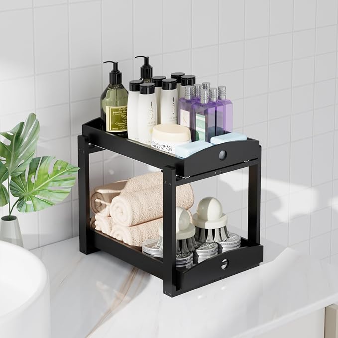 2 Pack Bamboo Under Sink Organizer, 2-Tier Pull-Out Drawers, Kitchen & Bath | Pull-out drawers keep cleaners and tall bottles visible, organized and easy to reach in kitchen or bathroom cabinets - Image 5
