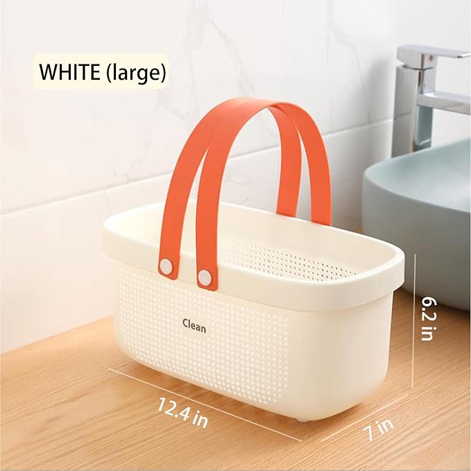 JiatuA Plastic Storage Basket with Handle Portable Shower Caddy Tote Organizer Basket Bin for Bathroom Kitchen Dorm Room Bedroom, White | Sturdy Drainage Large Capacity Organizer Basket with Silicone Handles for Bathroom Kitchen Bedroom College Dorm Es... - Image 6