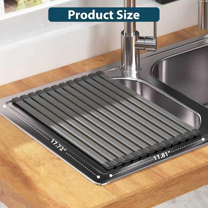KABUM 17.72x11.81 Heavy-Duty Aluminum Alloy Roll Up Dish Drying Rack | Food-Safe Coating with Anti-Skid Silicone, Extra Wide Thickened Sink Drying Rack for Kitchen Counter, Space-Saving Organizer - Image 2