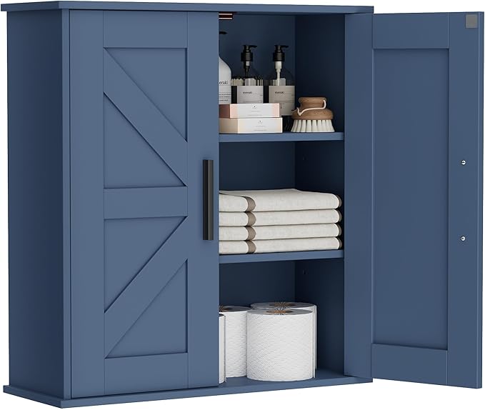 Homleke Bathroom Wall Cabinet, Medicine Cabinet with Adjustable Shelves | 3-Tier Wall Mounted Over Toilet Storage with Barn Doors, for Bathroom, Kitchen, Entryway, Laundry Room, Blue, (7.9" D) by Homleke