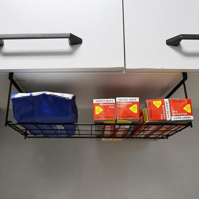 Foil and Plastic Wrap Organizer Kitchen Under Cabinet Desk Pantry Hanging Organizer Storage Foldable Rack (White - Image 3