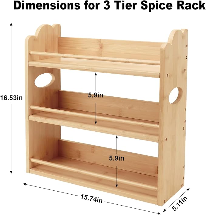 3-Tier Bamboo Spice Rack, Wall Mount & Countertop Spice Organizer | Seasoning Jars Rack Shelf Spice Organizer for Kitchen, Spice Storage Holder with handles, Front and Rear Protective Design - Image 2