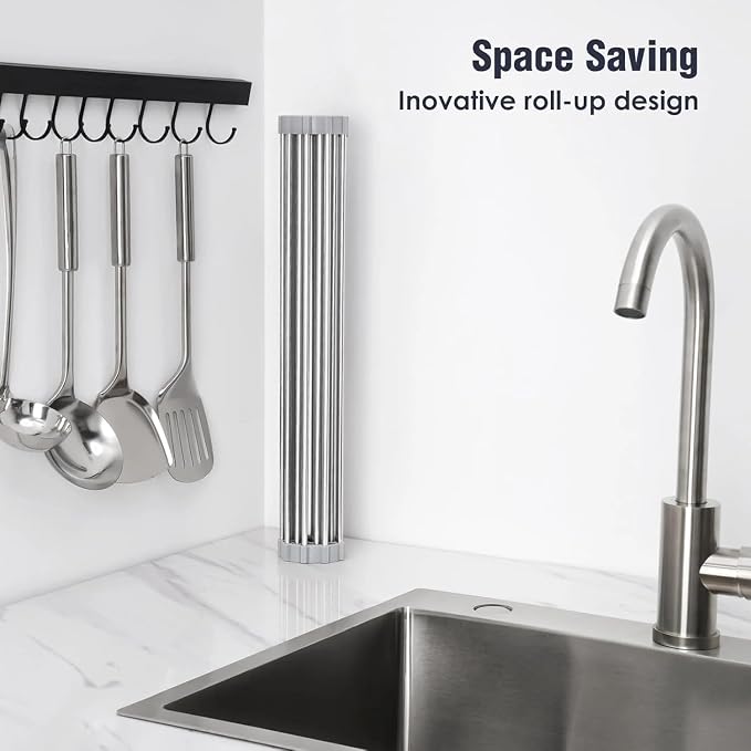 Over-The-Sink Roll Up Dish Drying Rack, 18.5" x 13.5" Foldable Stainless Steel Dish Drainer Mat, Sink Cover & Heat-Resistant Kitchen Organizer (Grey) - Image 4