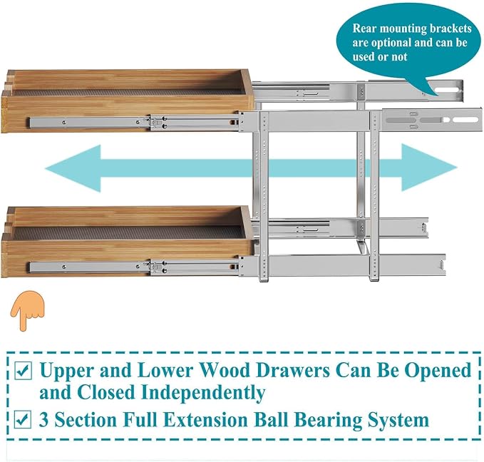 OCG 2 Tier Pull Out Drawers For Cabinets, Double Tier Slide out Wood Cabinet Organizer, Pull Out Shelves for Base Cabinet Organization in Kitchen, Pantry, Bathroom - Image 4