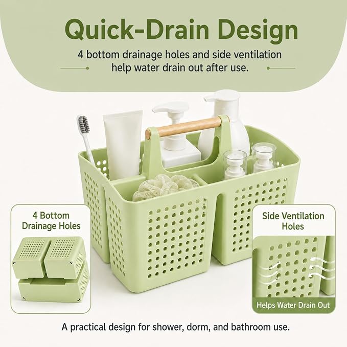 Portable Shower Caddy Basket with 3 Compartments and Handle, Grass Green | Plastic Divided Storage Caddy for Camping, RVs, Outdoor Showers, Bathrooms, Laundry Rooms and Cleaning Supplies - Image 5