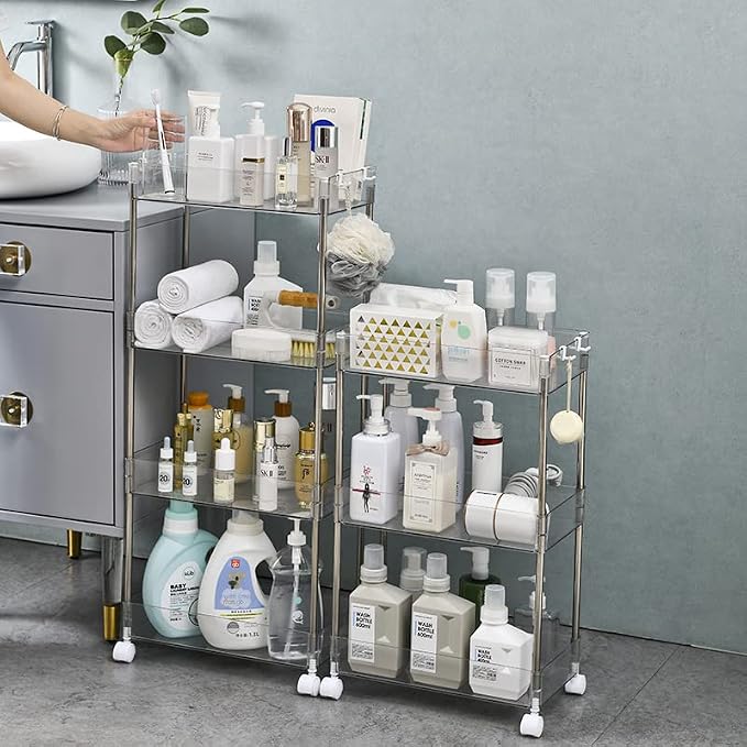 Chris.W Slim Storage Cart 3 Tier with Wheels, Clear Bathroom Cart Organizer, Mobile Shelving Unit Rolling Utility Cart, Slide Out Organizer for Kitchen, Bathroom, Laundry, Narrow Places, Office - 8" W - Image 4