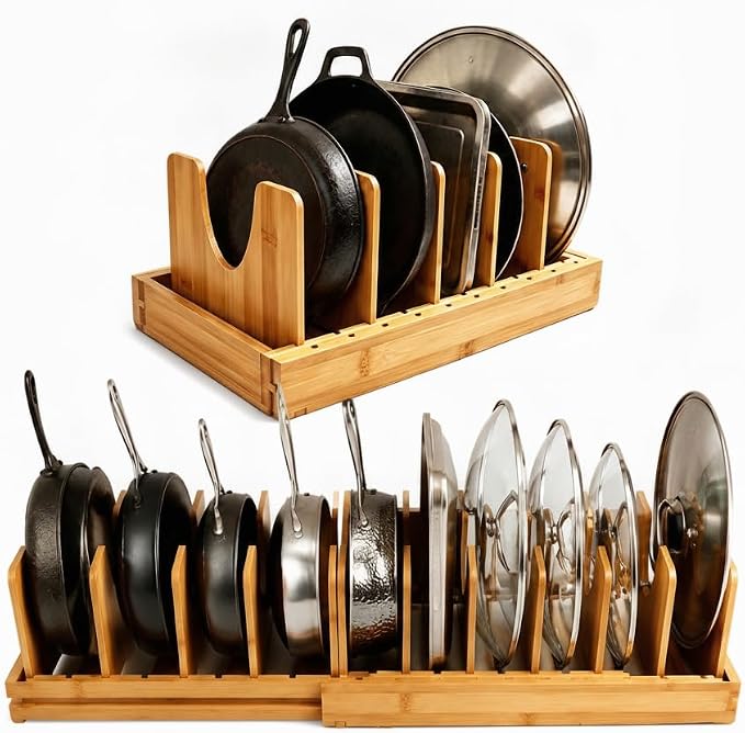 Bamboo Pots and Pans Organizer for Inside Cabinet, Expandable Pot Lid Organizer, Adjustable Kitchen Storage Rack for Lids, Bakeware, Cutting Boards by Unknown