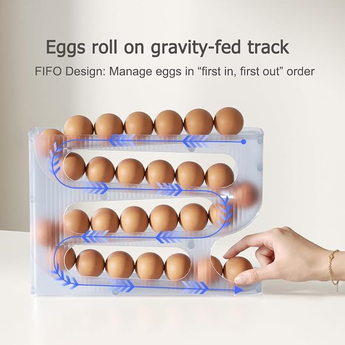 FIFO Egg Holder for Fridge, Egg Organizer for 56 Large Size Eggs | 2-Pack Auto Rolling Egg Dispenser for Refrigerator, Space-Saving Egg Roller/Container/Storage(Frosted Clear) - Image 3