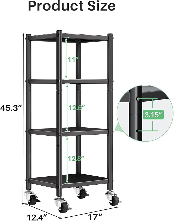 PXRACK Storage Shelves with Rolling Wheels, Adjustable 4 Tier Metal Shelving Unit for Storage Heavy Duty, Small Storage Rack Shelf for Corner of The Kitchen Bathroom Living Room Garage Office, Black - Image 2