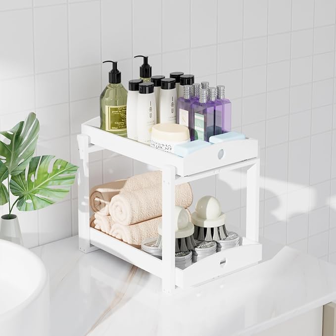 2 Pack Bamboo Under Sink Organizer, 2-Tier Pull-Out Drawers, Kitchen & Bath | Pull-out drawers keep cleaners and tall bottles visible, organized and easy to reach in kitchen or bathroom cabinets - Image 5