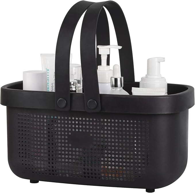 Portable Shower Caddy Basket with Handles Plastic Storage Basket Black | Sturdy Drainage Large Capacity Organizer Basket with Silicone Handles for Bathroom Kitchen Bedroom College Dorm Essentials by JiatuA