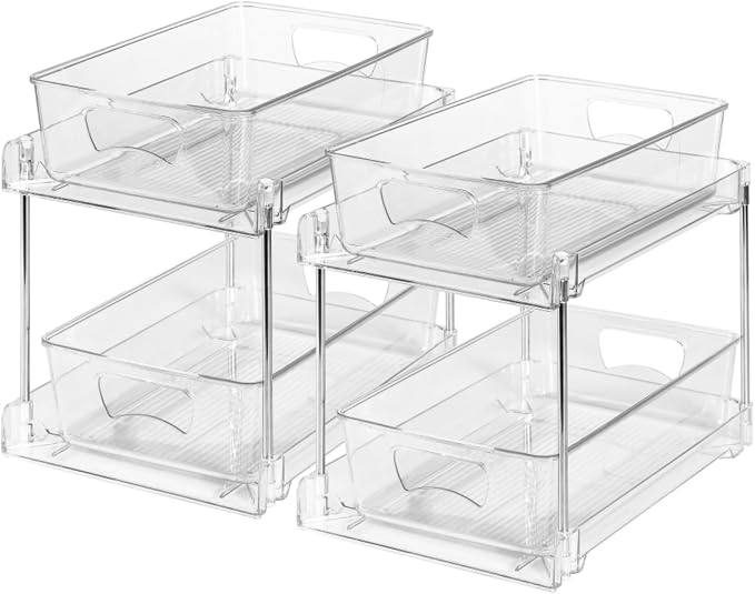 2 Pack Clear Bathroom Organizers and Storage, 2 Tier Pull Out Under Sink Cabinet Organizer Plastic Drawer Organization and Storage for Bathroom and Kitchen by world-in-one