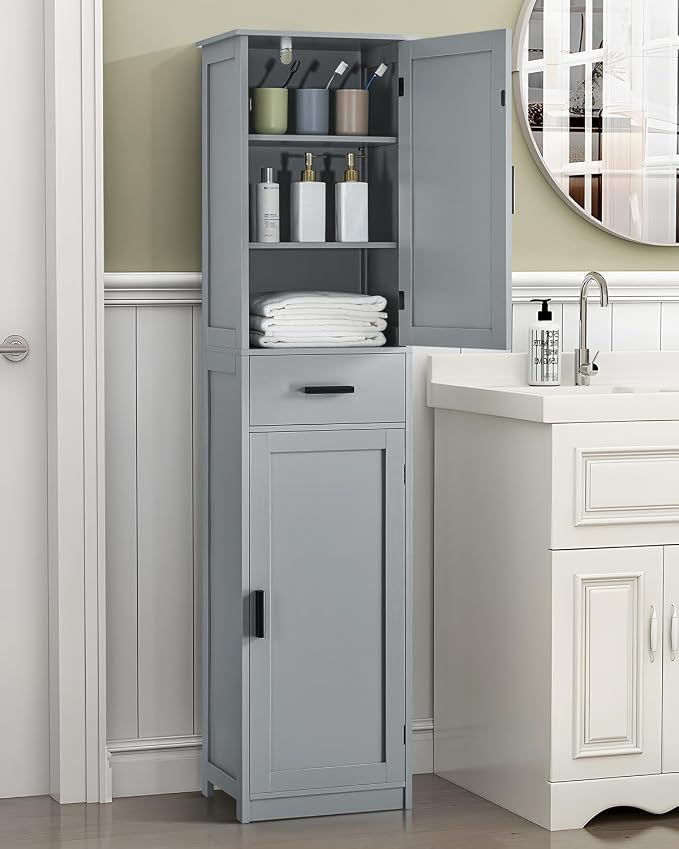 usikey 67“ Tall Bathroom Cabinet, Storage Cabinet with 4 Shelves & 2 Doors, Narrow Storage Cabinet for Bathroom, Living Room, Home Office, Greige - Image 2