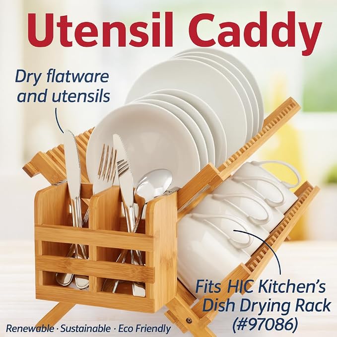 HIC Kitchen Bamboo Dish Rack Caddy, Natural Bamboo, Drying Organizer | Stainless Steel Hooks, Fits Rack #97086, Elevated Airflow Design, Fast Water Evaporation, Rinse Clean - Image 4