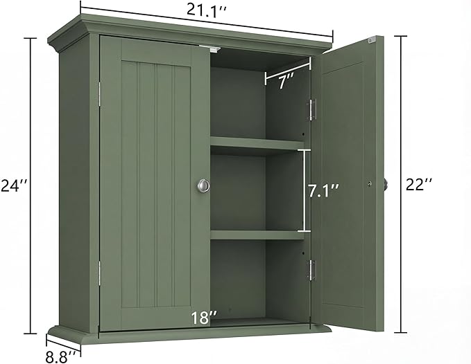 ChooChoo Bathroom Wall Cabinet with 2 Doors, Over The Toilet | 8.8"D x 21.1"W x 24"H, Medicine Cabinet, Adjustable Shelves, Cupboard, Green - Image 3