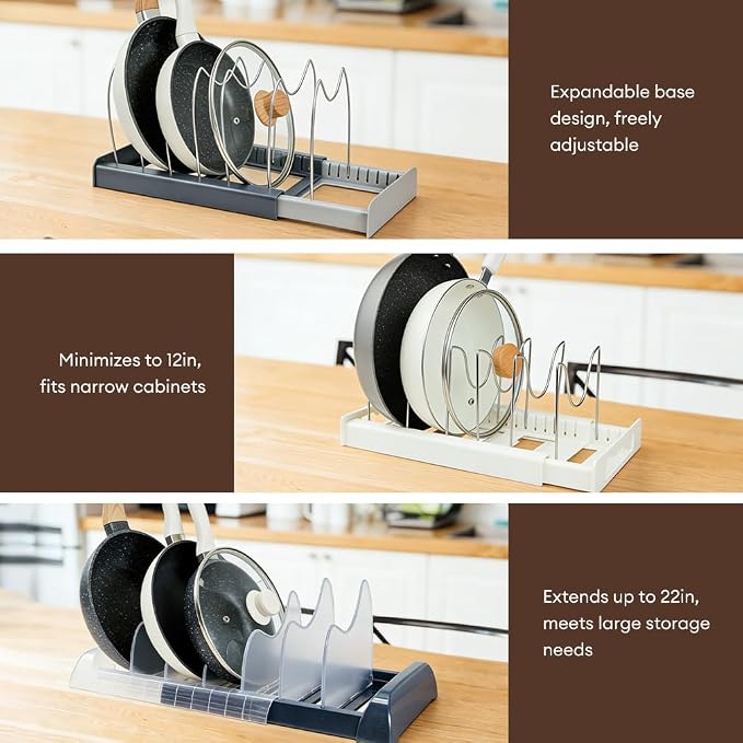 Pot Lids Organizer Rack for Cabinet and Countertop - 8+ Pan Lids and Bakeware Organizer Rack Holder, Expandable 13" to 22" with 8 Dividers, Base for Lids, Bakeware, Cookware Storage, Dark Grey - Image 6