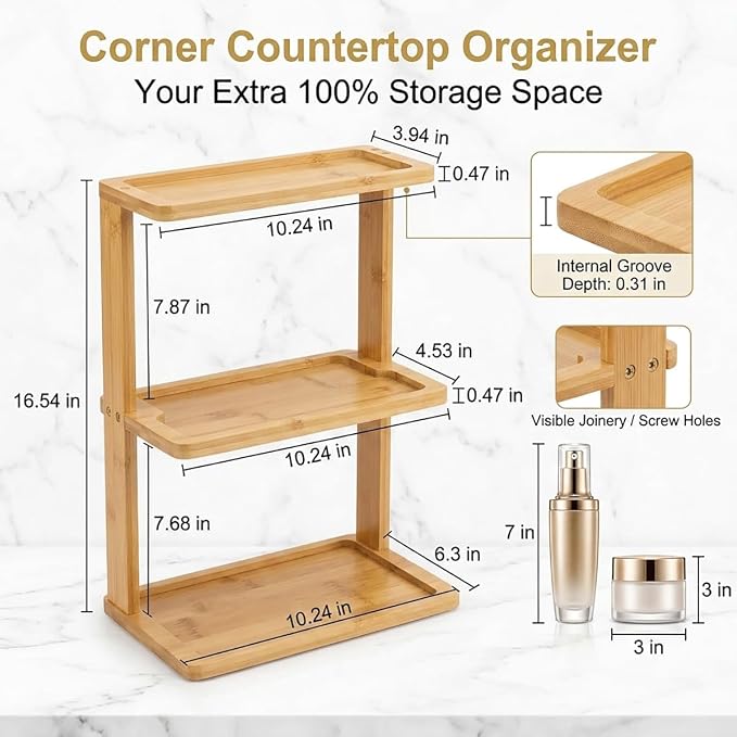 PEKER Bamboo Bathroom Organizer Countertop – Vanity Storage Shelf for Makeup, Perfume, Skincare – Natural Cosmetics Display Rack for Dresser, Sink, Kitchen – Natural - Image 3