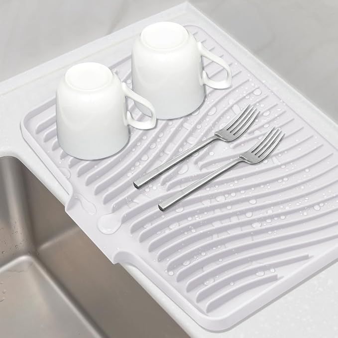 TIKNIK Silicone Dish Drying Mat for Kitchen Counter, White-1pcs, 16" x 12" | Heat Resistant & Non-Slip Dish Drain Pad with Built-In Drain, Dishwasher Safe, Quick-Dry, Hangable & Roll-Up for Storage by TIKNIKHomeOutdoor