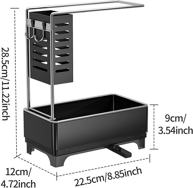 MOUKABAL 2-Tier Sponge Holder for Kitchen Sink, Sink Caddy Organizer Black | Large Capacity/Stainless Steel/Drain Holes Keep Items Dry/Holds Brush & Dishcloth/Side Hooks/Kitchen Counter Organizer - Image 5