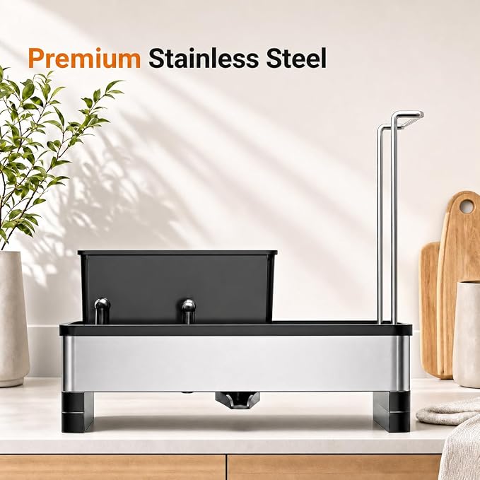 Laveshop Sponge Holder for Kitchen Sink, Rustproof Stainless Steel Sink Caddy with Auto-Drain, Removable Brush Holders, Soap and Dishcloth Organizer, Black - Image 4