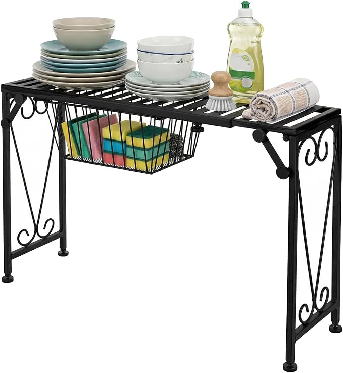 MyGift Expandable Black Metal Over Sink Shelf with Pull Out Drawer | Kitchen & Bathroom Organization, Countertop Space Saver, Adjustable Design, Hidden Drawer, Decorative Scrollwork Accent - Image 7