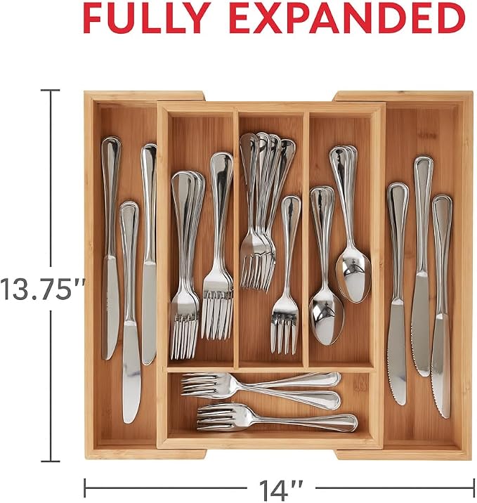 HIC Kitchen Expandable 6-Slot Silverware Cutlery Utensil Storage Tray, Natural Bamboo, Opens to 14-Inches - Image 6