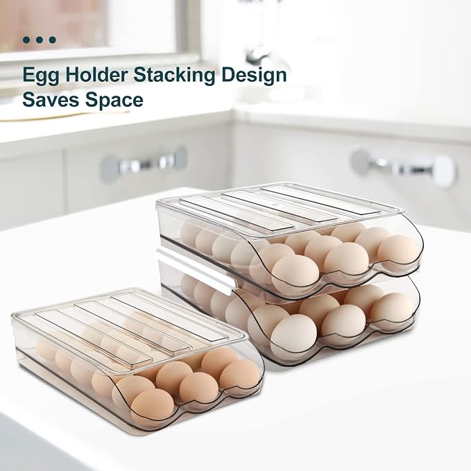 MesRosa Egg Holder for Fridge, Automatic Rolling Container Storage 18 Eggs | Clear Large Capacity Egg Organizer for Refrigerator with Lid, Stackable Dispenser, Tray & Bin, Saving Space -1 Layer - Image 4
