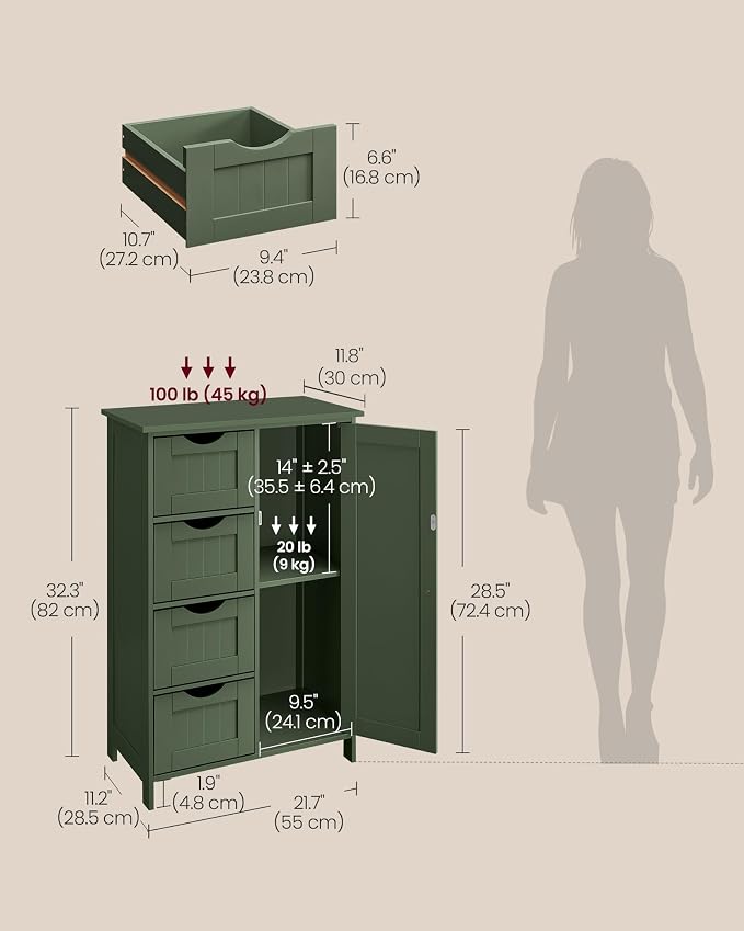 VASAGLE Storage Cabinet with Drawers, Freestanding Floor Cabinet with Door, 11.8 x 21.7 x 32.3 Inches, Adjustable Shelf, for Bathroom, Living Room, Kitchen, Forest Green ULHC041CH01S - Image 5