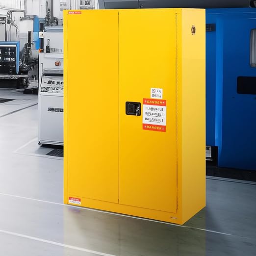 VEVOR Flammable Cabinet, 45 Gal, 18" x 43" x 65", Yellow | Cold-Rolled Steel, Explosion Proof, 2 Adjustable Shelves, 2 Manual Doors, Industrial Use - Image 2