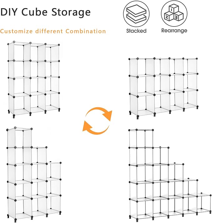 AWTATOS Closet Organizer, 12 Cube Storage Organizer, Translucent | Portable Closet Organizers, DIY Stackable Storage Cubes Shelves Bookshelf, Plastic Clothes Shelving for Home, Bedroom - Image 6