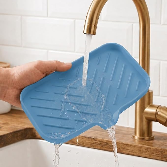 MicoYang Silicone Soap Dish with Drain Spout — Self-Draining Sink Organizer Tray for Bathroom & Kitchen, Sponges, Dispensers & Soap Holder, Non-Slip & Dishwasher Safe, Lichen Blue (Medium, 9.6"×5.3") - Image 9