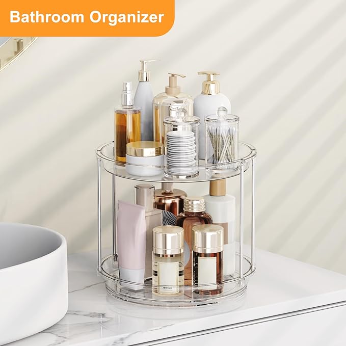 360 Rotating Makeup Organizer, 2 Tier Skincare & Perfume Holder for Bathroom Counter, Clear Spinning Vanity Tray, Lazy Susan Turntable Organizer for Dresser, Kitchen Cabinet - Image 5