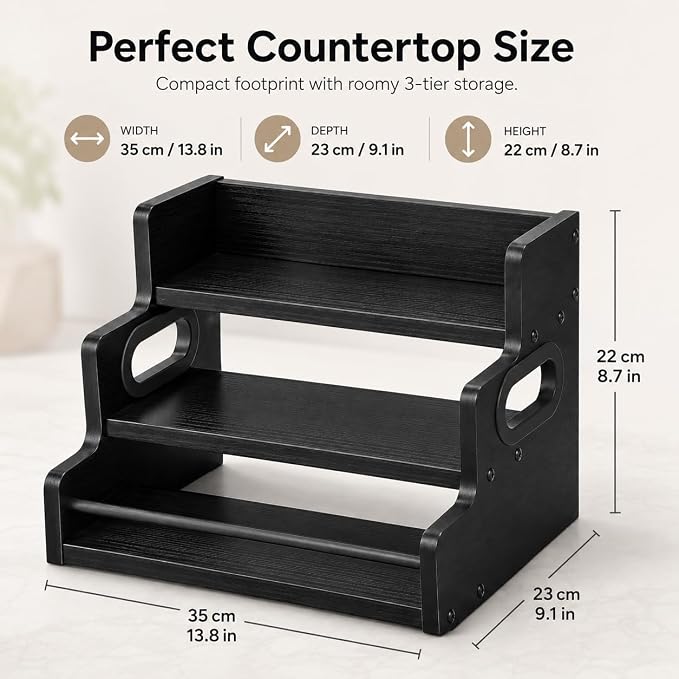 3 Tier Spice Rack Organizer for Cabinet, Wood Spice Shelf Storage, Kitchen Seasoning Organizer for Kitchen Countertop or Pantry, Spice Bottles, Bottles, Black - Image 2