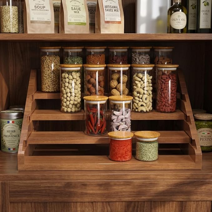 Solid Wood Spice Rack Organizer for Countertop & Cabinet, 4 Tier Adjustable Wooden Spice Shelf with Sliding Track, Premium Step Seasoning Bottle Holder for Kitchen, Pantry & Office, Walnut Brown - Image 4