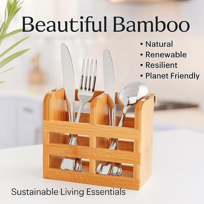 HIC Kitchen Bamboo Dish Rack Caddy, Natural Bamboo, Drying Organizer | Stainless Steel Hooks, Fits Rack #97086, Elevated Airflow Design, Fast Water Evaporation, Rinse Clean - Image 5