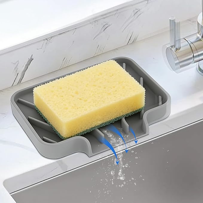 JACZZO Silicone Soap Dish for Shower and Bathroom - Small Bar Soap Holder with Self Draining Spout - Non-Slip Sink Tray Organizer for Kitchen Counter and Narrow Ledge, Gray (3.5" x 5") by JACZZO