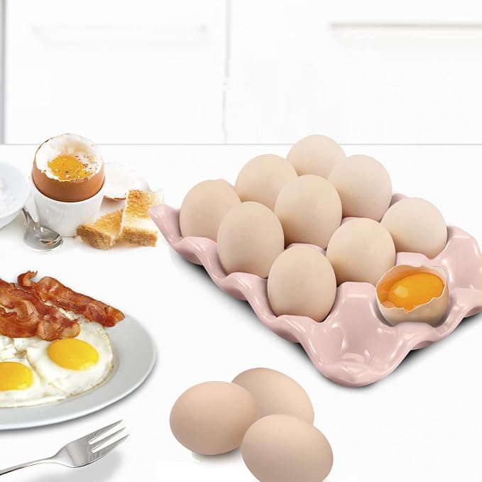 Flexzion Ceramic 12 Cups Egg Tray - Whole Dozen Porcelain Egg Holder Container Keeper Storage Organizer Decorative Serving Stand Serveware for Refrigerator Fridge Countertop Display Kitchen (Pink) - Image 3