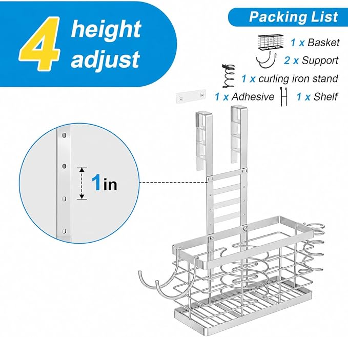 2026 Upgraded 3-in-1 Universal Hair Tool Organizer, L Size, Sliver | Adjustable Height Metal Hair Dryer Holder, Wall Mounted, Over Cabinet Door, Countertop, Bathroom Storage - Image 7