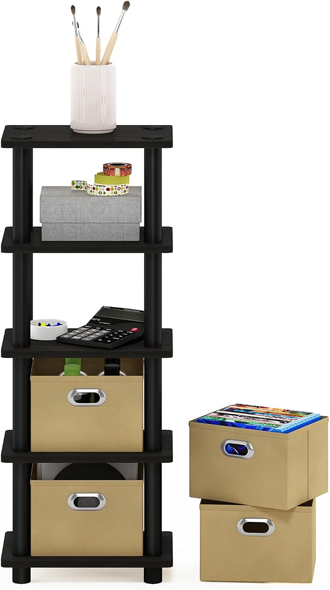 Furinno Turn-N-Tube Toolless 4-Tier Storage Shelves, Espresso | Narrow Open Frame Book Shelf with Storage Bins, for Organization, for Living Room, Garage, Home Office - Image 6