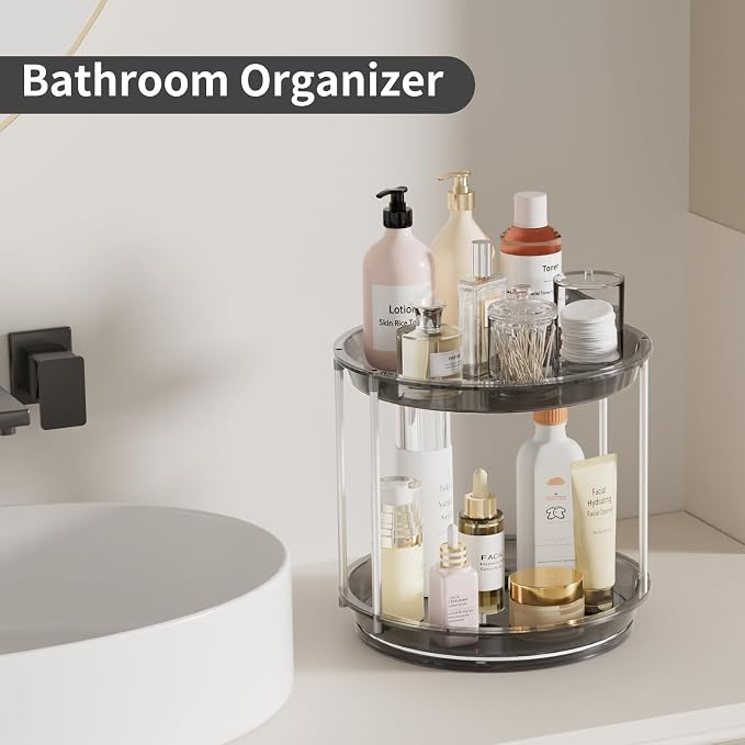 Rotating Makeup Organizer, Perfume Skincare Holder, 2 Tier 9 Inch, Gray | 360° Smooth Spinning Vanity Tray, Large Capacity, Space-Saving Cosmetics Storage for Bathroom Countertop, Dresser - Image 5