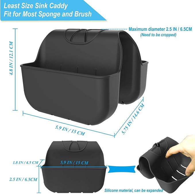 Sponge Holder for Kitchen Sink, Silicone Sink Saddle Caddy Organizer Rack, Sponges Holder Over Faucet, Hanging Kitchen Organizer Accessories Rack Basket Black - Image 3