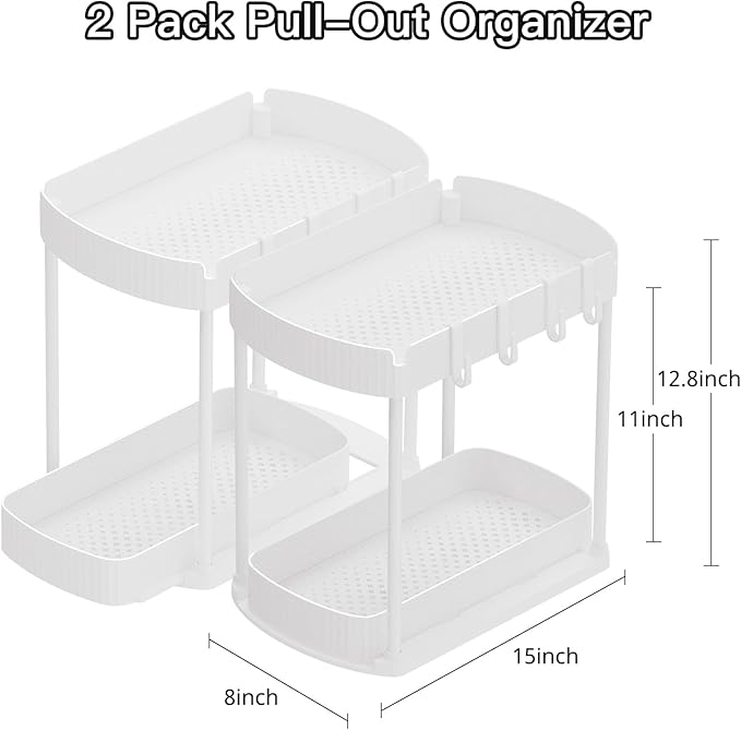 2 Packs Under Sink Pull-Out Storage Organizers, 12.8 Inches, White | Multi-Purpose Cabinet Organizers and Storage for Bathroom & Kitchen - Image 2