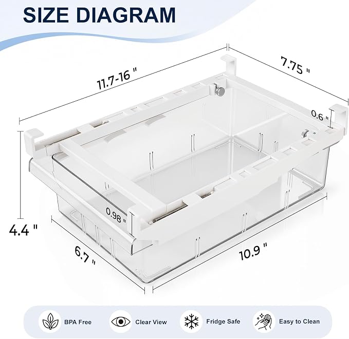 Fridge Drawer Organizer Pull-Out Under Shelf Bin, Adjustable Dividers | BPA-Free Clear Space-Saving Storage - Image 2
