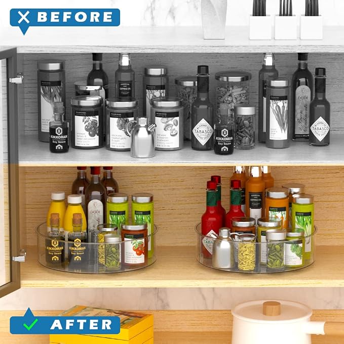 SANNO Lazy Susan Spinning Organizer with Dividers - Food Safe Turntable Spice Rack for Kitchen Cabinet, Pantry, Refrigerator & Countertop - Image 2
