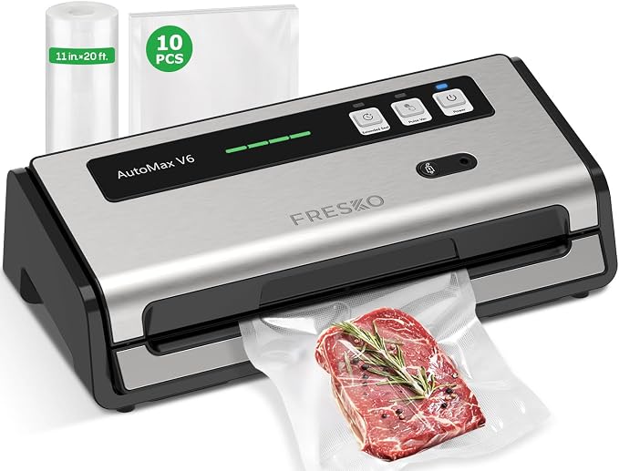 FRESKO Food Vacuum Sealer with Automatic Bag Detection & Built-in Cutter | 0.2-inch Widened Heating Strip for Meal Prep & Sous Vide Cooking, Built-in Bag Roll Storage, 1 Roll Bag & 10 Pre-Cut Bags by FRESKO