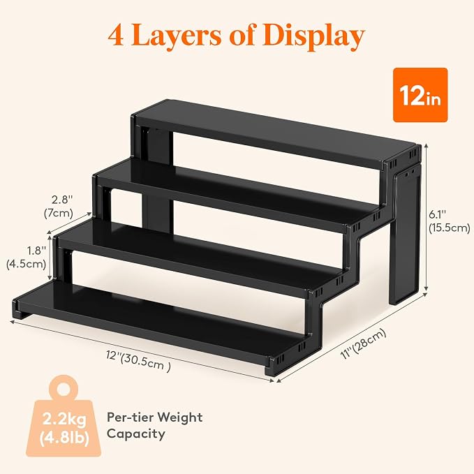 Lifewit 12″ Spice Rack, Perfume Cologne Stand,Tool-Free Assembly, 1 Pcs | 4-Tier Black Display Riser Shelf, Cupcake Stand, Seasoning Figurine Makeup Holder, Room Decor, Kitchen Cabinet Storage - Image 3